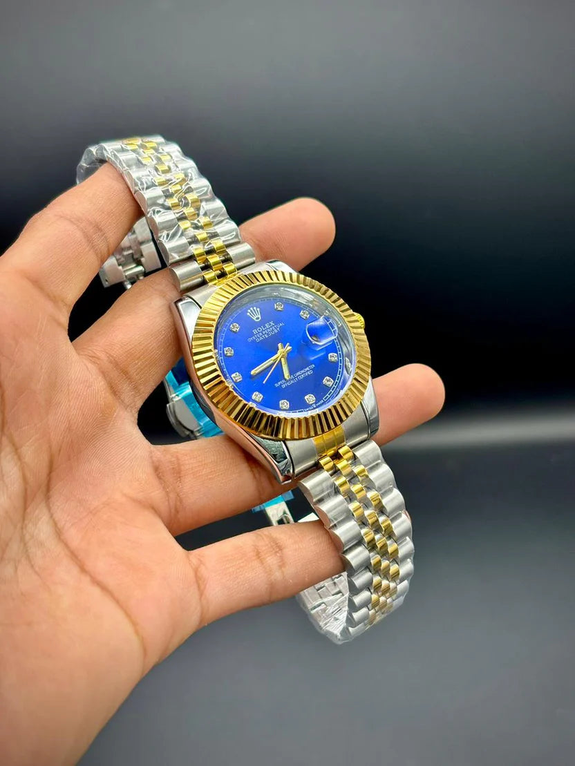 RLX Two-Tone Luxury Dress Watch | Royal Blue Dial | Diamond Markers | Jubilee Bracelet