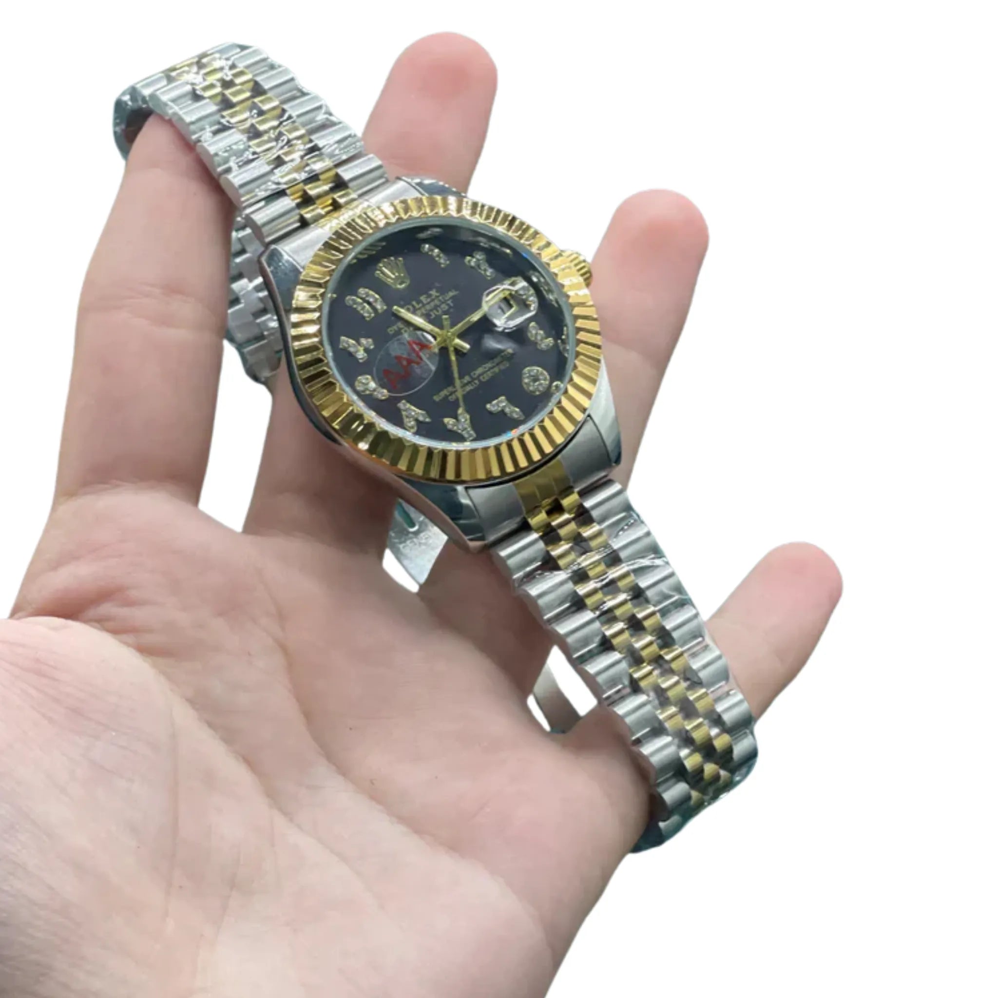RLX Two-Tone Luxury Dress Watch with Black Diamond Numeral Dial, Fluted Gold Bezel, and Jubilee Bracelet