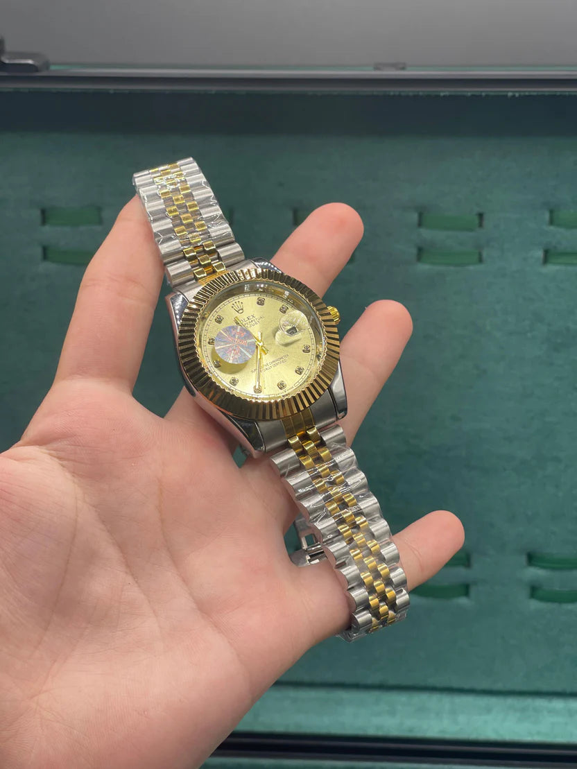 RLX Two-Tone Luxury Dress Watch with Champagne Gold Diamond Dial, Fluted Gold Bezel, and Jubilee Bracelet