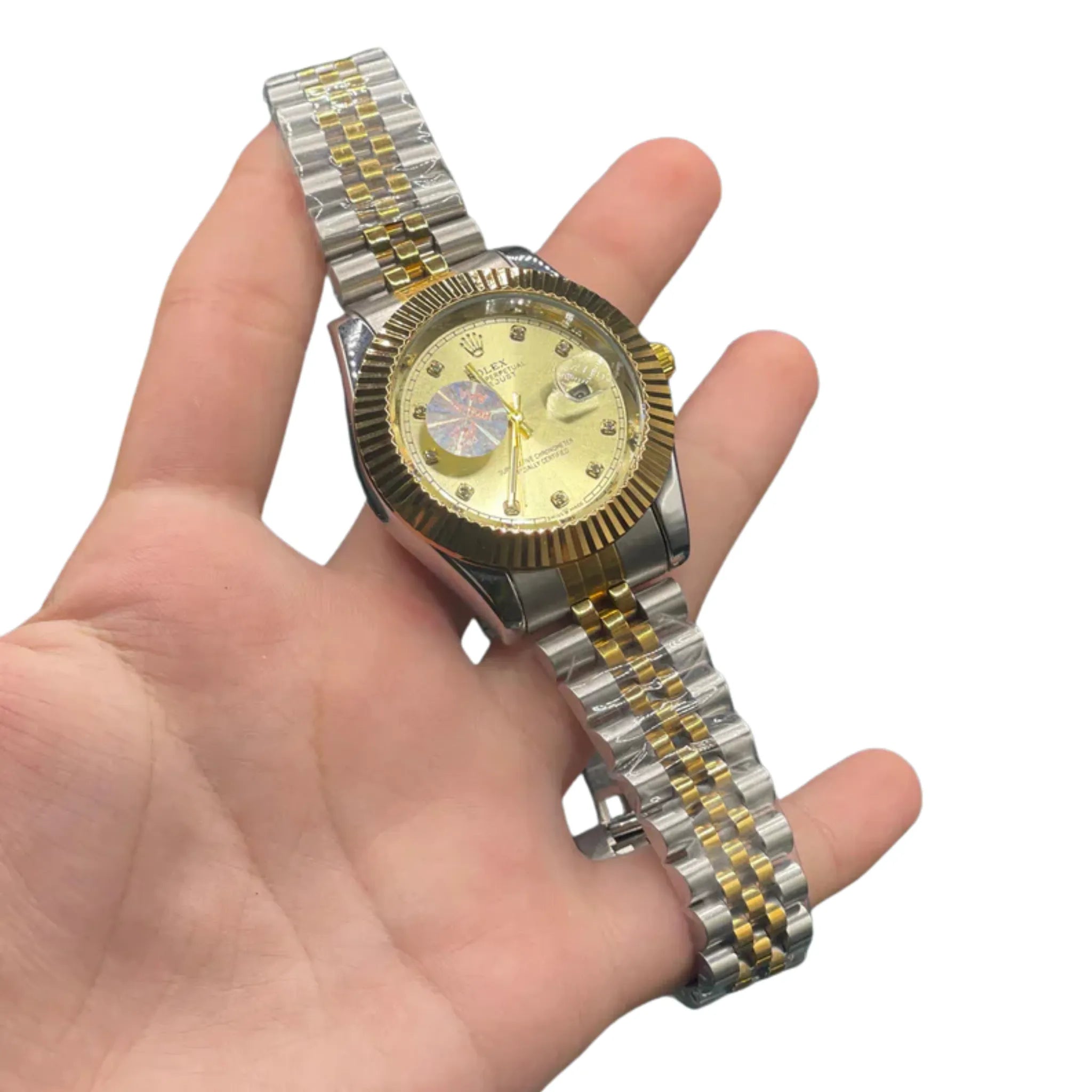 RLX Two-Tone Luxury Dress Watch with Champagne Gold Diamond Dial, Fluted Gold Bezel, and Jubilee Bracelet