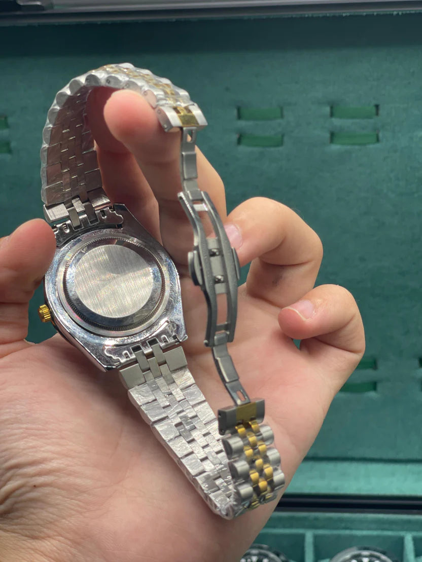 RLX Two-Tone Luxury Dress Watch with Champagne Gold Diamond Dial, Fluted Gold Bezel, and Jubilee Bracelet