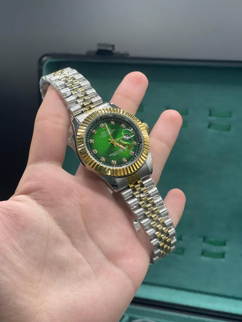 RLX Two-Tone Luxury Dress Watch with Green Diamond Dial, Fluted Bezel, and Jubilee Bracelet