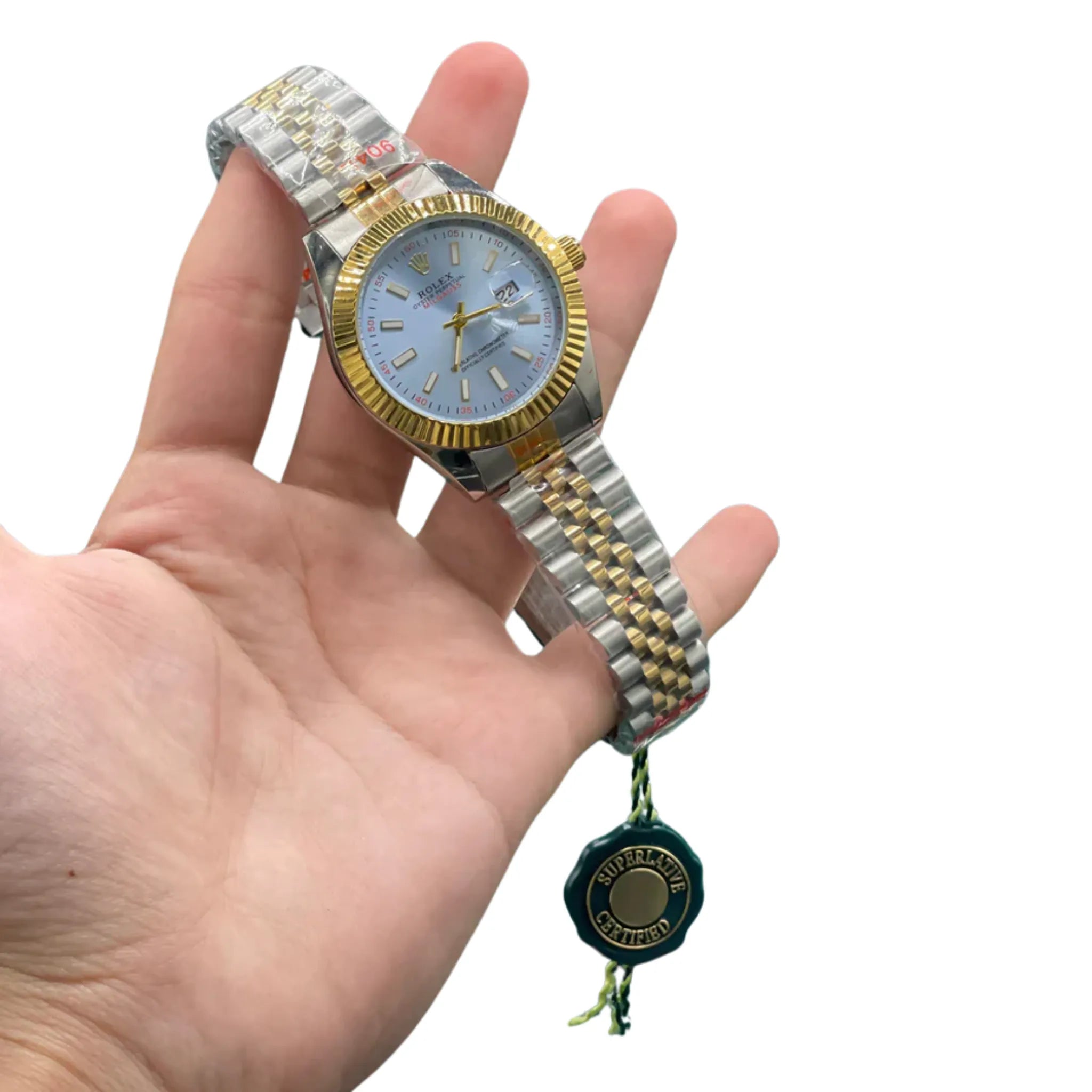 RLX Two-Tone Luxury Dress Watch with Ice Blue Dial, Gold Fluted Bezel, and Jubilee Bracelet