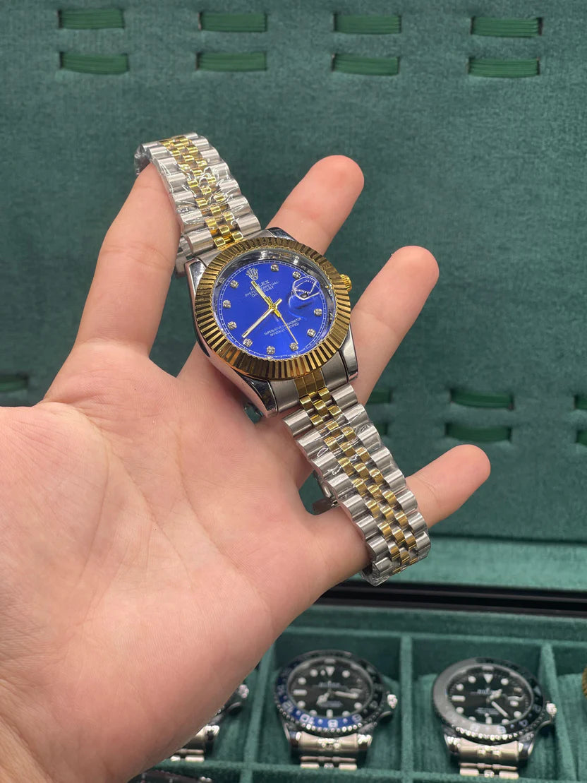 RLX Two-Tone Luxury Dress Watch with Royal Blue Diamond Dial, Gold Fluted Bezel, and Jubilee Bracelet