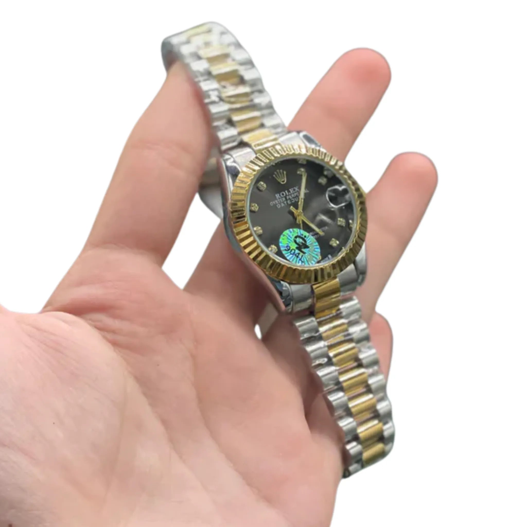 RLX Two Tone Gold And Silver Chain With Sleek Black Dial Ladies Watch