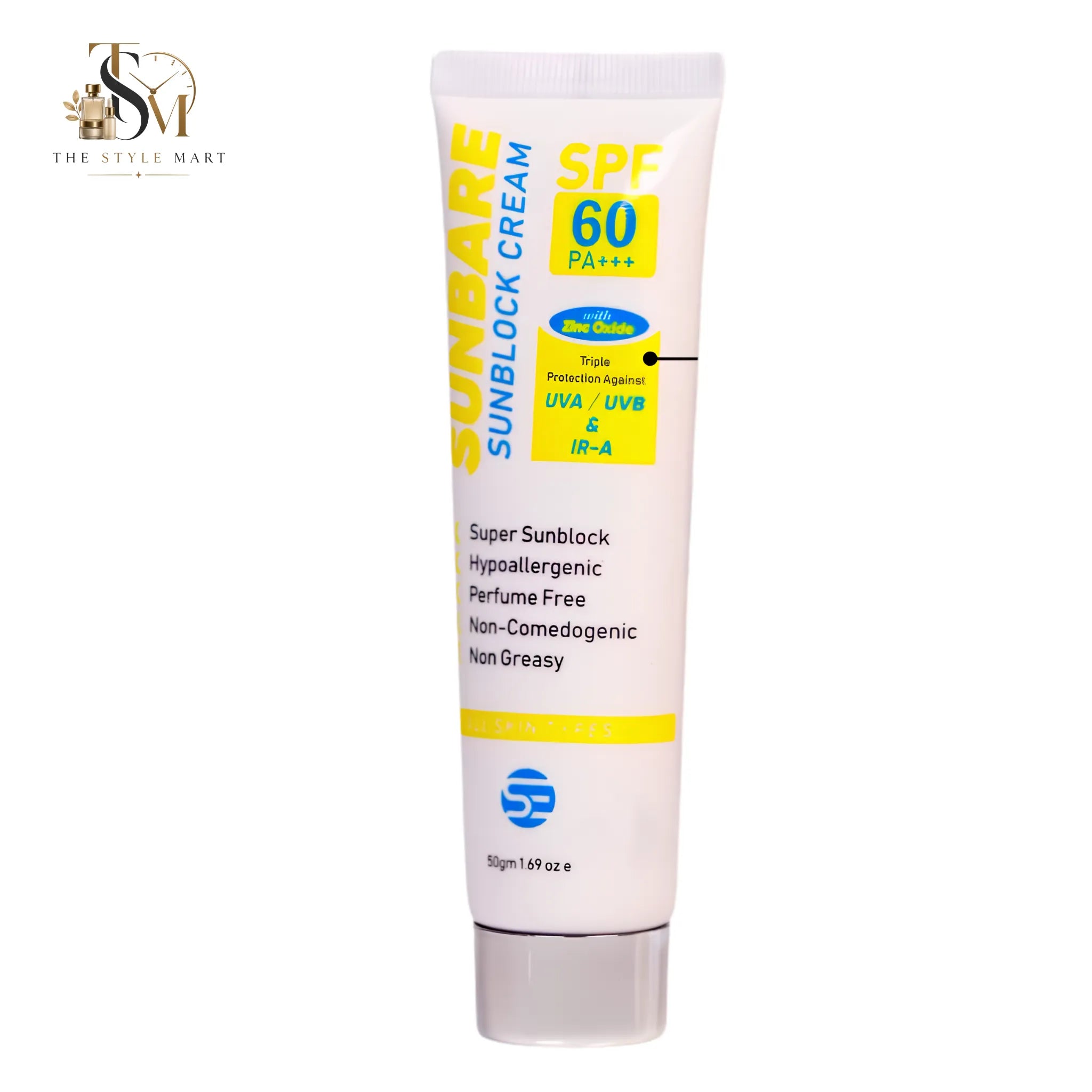 Sunbare Sunblock Cream SPF 60 PA+++ with Zinc Oxide, Titanium Dioxide, Vitamin C, and Alpha Arbutin for broad-spectrum sun protection