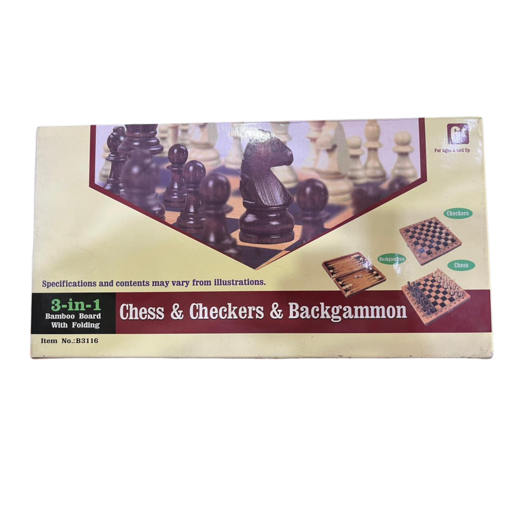 Wooden Folding Board Game Set – Chess, Checkers & Backgammon for Kids & Adults