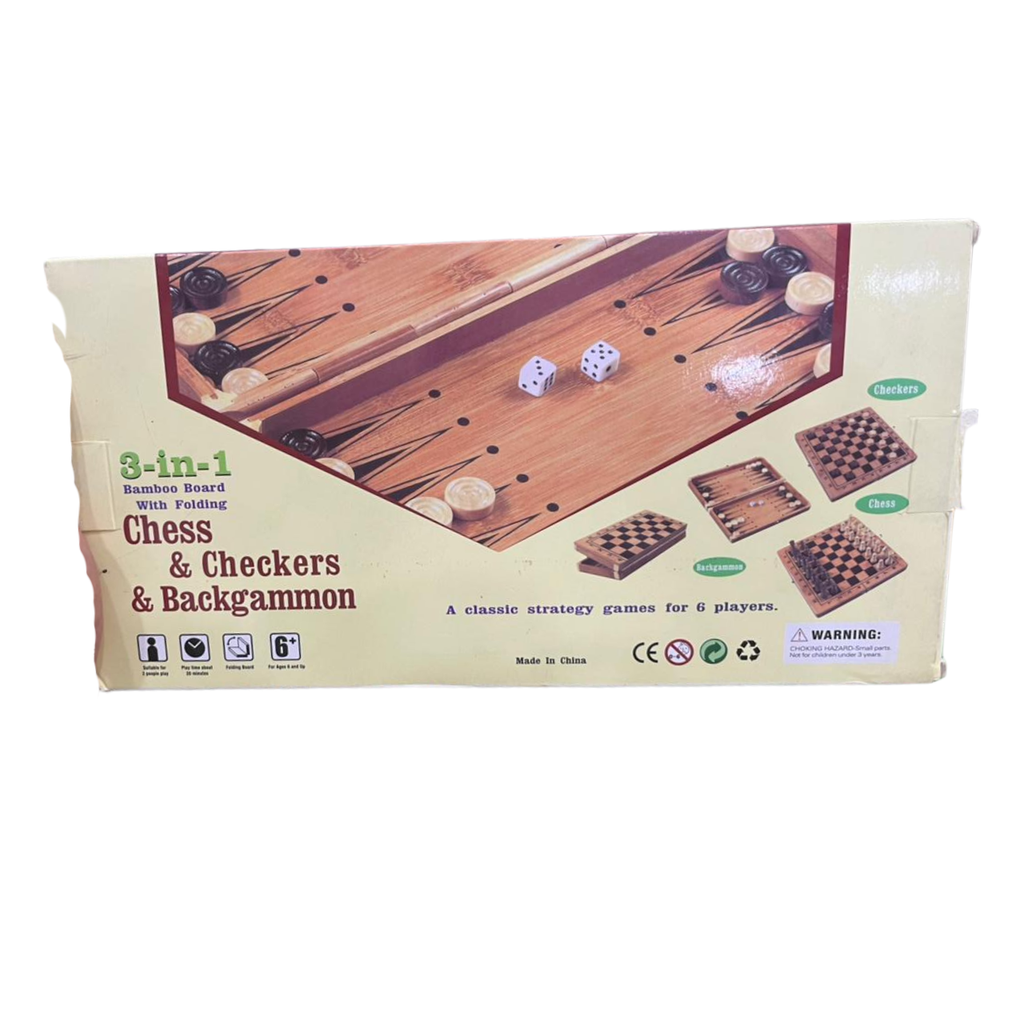 Wooden Folding Board Game Set – Chess, Checkers & Backgammon for Kids & Adults